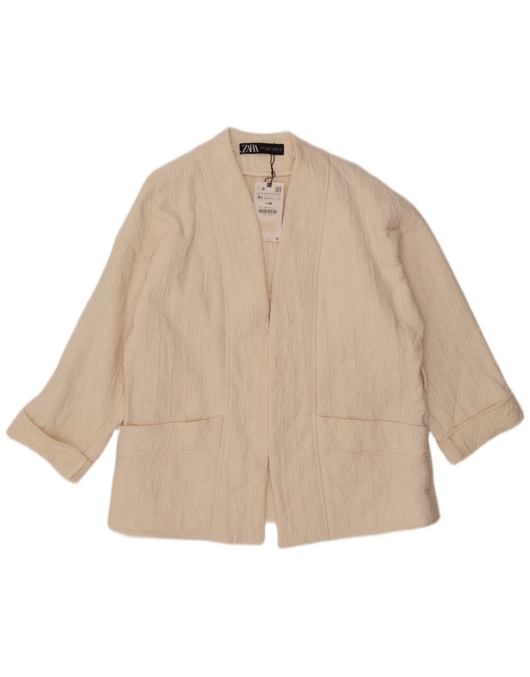 ZARA Damen-Blazer, übergroß, 3/4-Ärmel, offen, Gr. 14, Mittel, gebrochenes Weiß