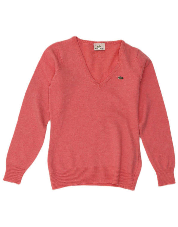 Lacoste Damen-Pullover mit V-Ausschnitt, Größe 38, Mittelrosa aus Schurwolle