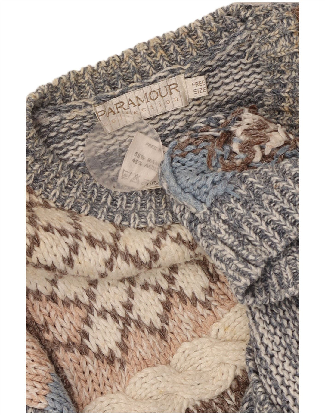 PARAMOUR Damen-Strickjacke, Einheitsgröße, blauer Patchwork-Ramie