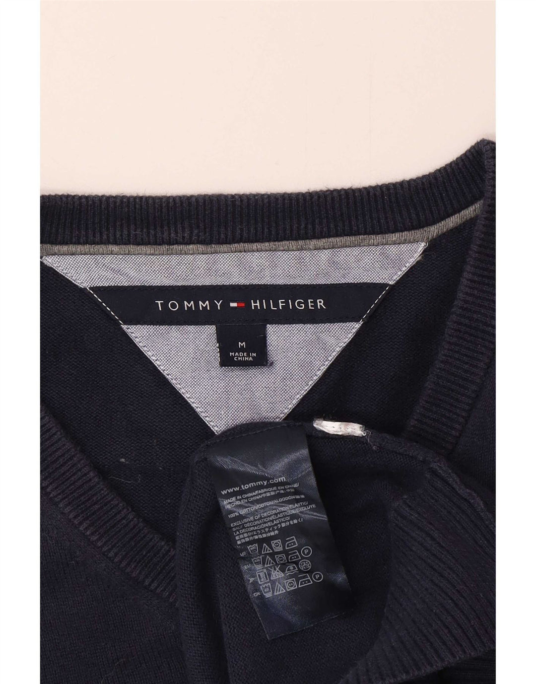 Tommy Hilfiger Herren-Pullover mit V-Ausschnitt, mittelmarineblaue Baumwolle