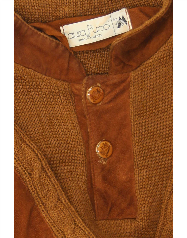 Laura Pucci Herren-Pullover mit Knopfkragen, Mittelbraun