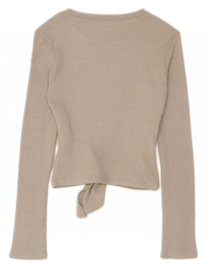 Zara Womens Front Tie Top Langarm UK 10 Small Beige Viskose