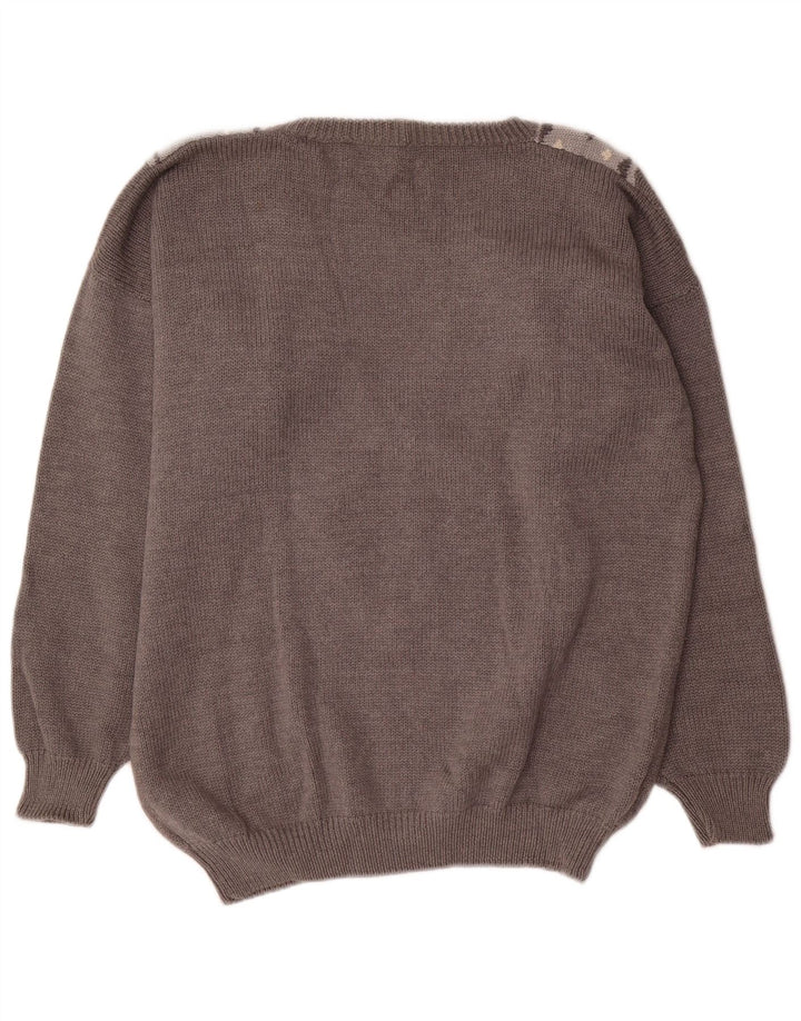 BENETTON Damen Pullover mit V-Ausschnitt IT 44 Mittelgrau Argyle/Diamant
