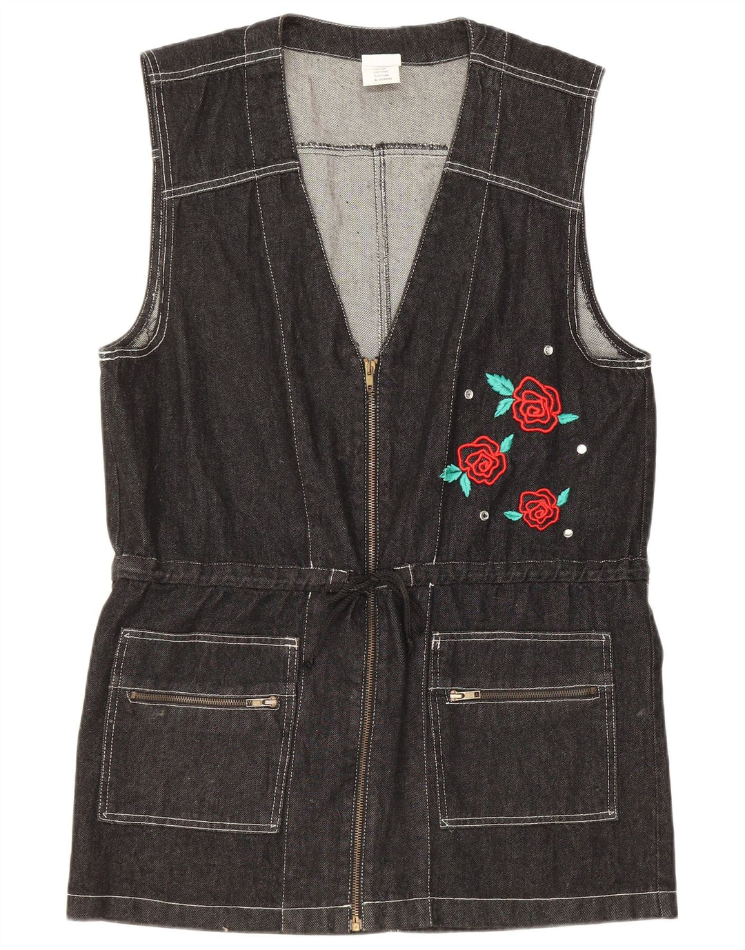 Vintage Damen Grafische Longline-Jeansweste IT 44 Mittelschwarz geblümt
