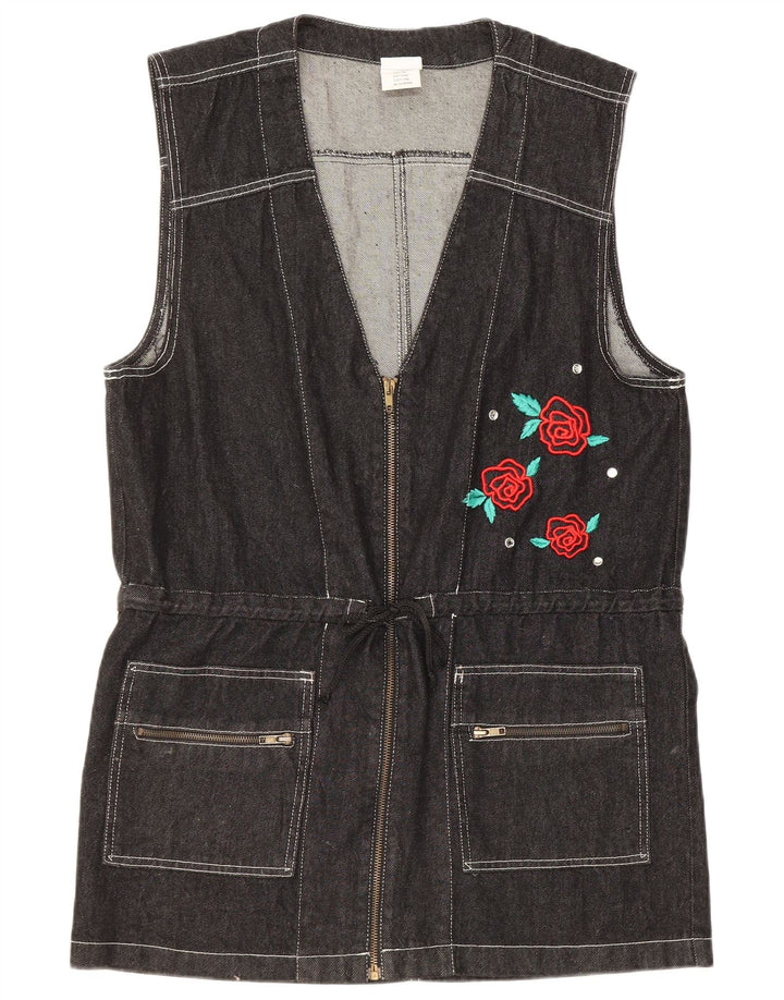 Vintage Damen Grafische Longline-Jeansweste IT 44 Mittelschwarz geblümt