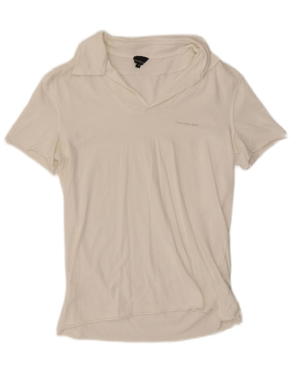 Calvin Klein Jeans Womens Polo Shirt UK 12 Medium White Cotton