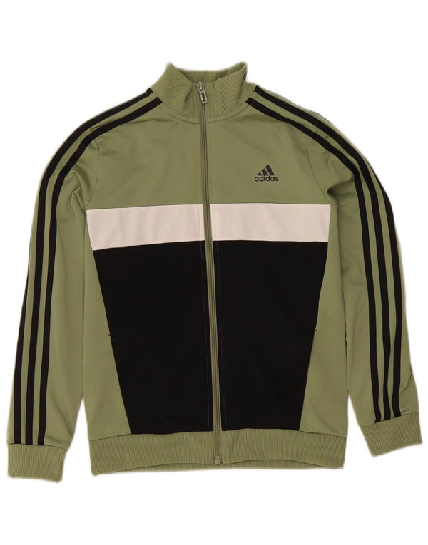 Adidas Boys Tracksuit Top Jacket 9-10 Years Khaki Colourblock Polyester