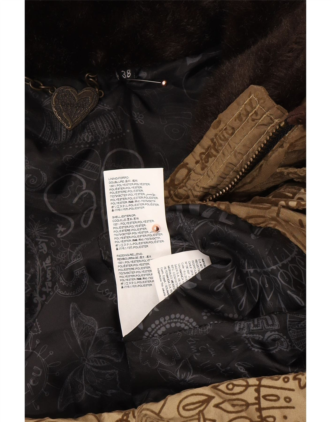 DESIGUAL Womens Abstract Pattern Graphic Wattierter Mantel EU 38 Mittelbraun