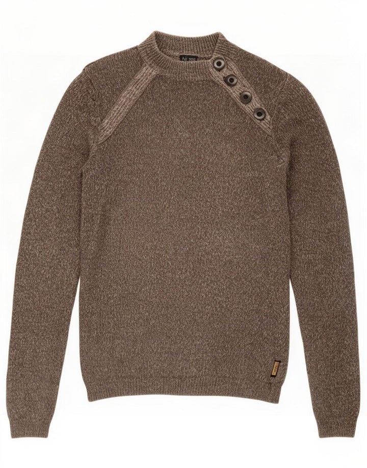 Armani Jeans Herren-Pullover mit Knopfkragen, mittelbraun, gefleckter Hanf