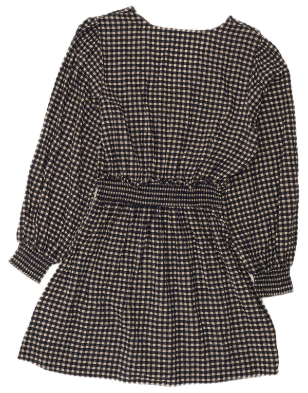 Zara Damen Langarm-Basic-Kleid UK 10 Small Marineblau Gingham Baumwolle