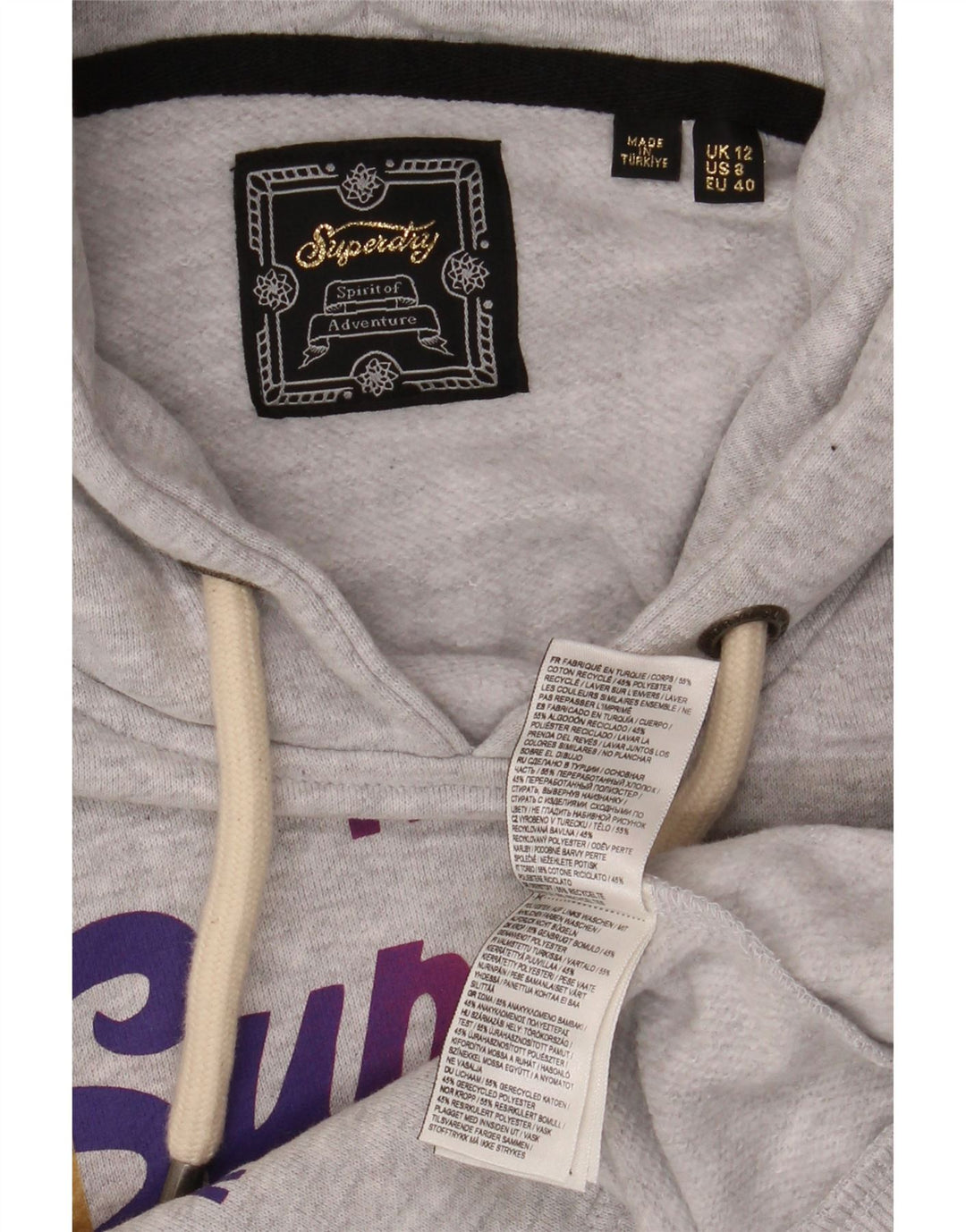 SUPERDRY Damen-Kapuzenpullover mit Grafik, UK 12, mittelgraue Baumwolle