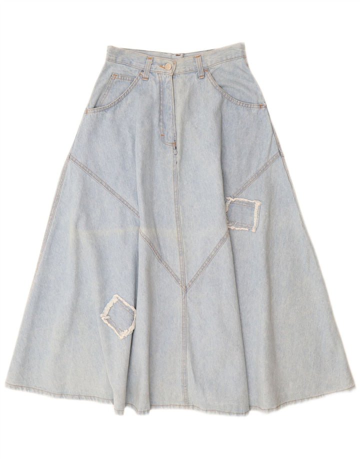 CLARK Damen-Jeansrock mit hoher Taille, Größe 44, mittelgroß, W26, blaue Patchwork-Baumwolle