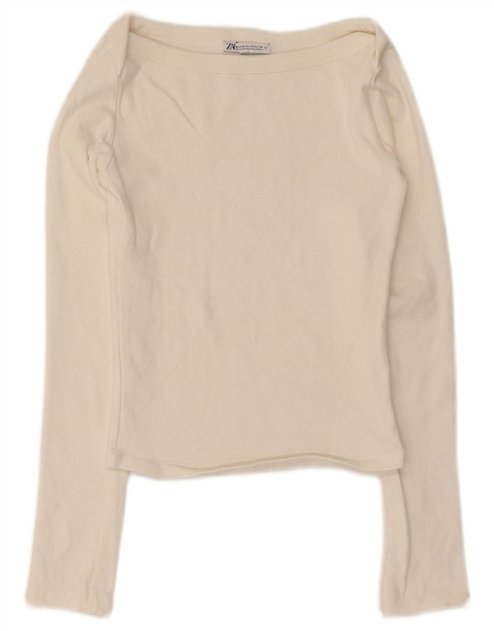 Zara Damen Crop Top Langarm UK 12 Medium Off White