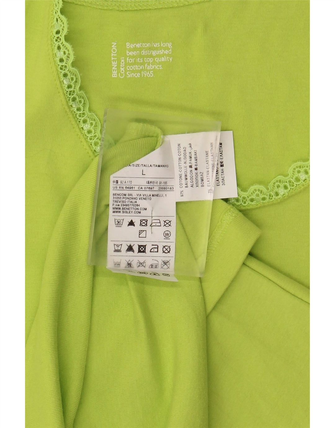 BENETTON Damen-Trägershirt, UK-Größe 44, Größe L, grüne Baumwolle