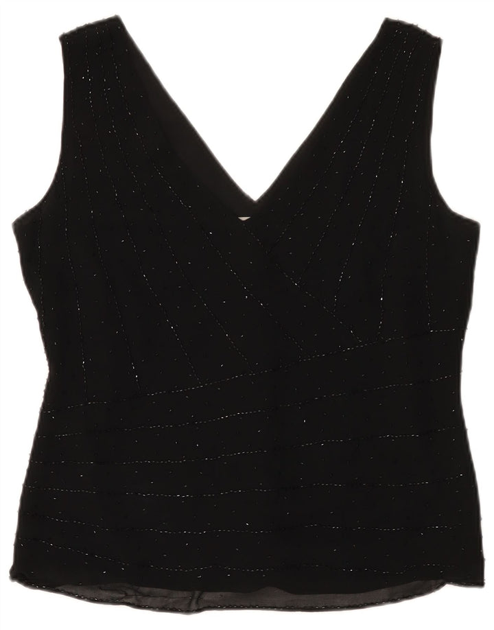 Marks & Spencer Damen ärmelloses Blusenoberteil UK 14 Mittelschwarze Seide