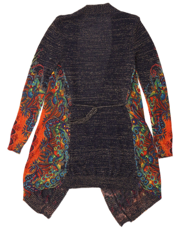 Desigual Damen Asymmetrischer offener Cardigan-Pullover UK 6 XS Marineblau mit Blumenmuster