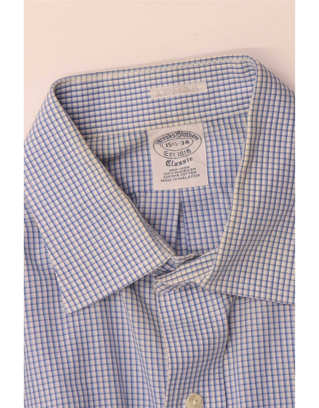Brooks Brothers Herren-Hemd mit klassischer Passform, Größe 15 1/2, mittelblauer Gingham-Karomuster