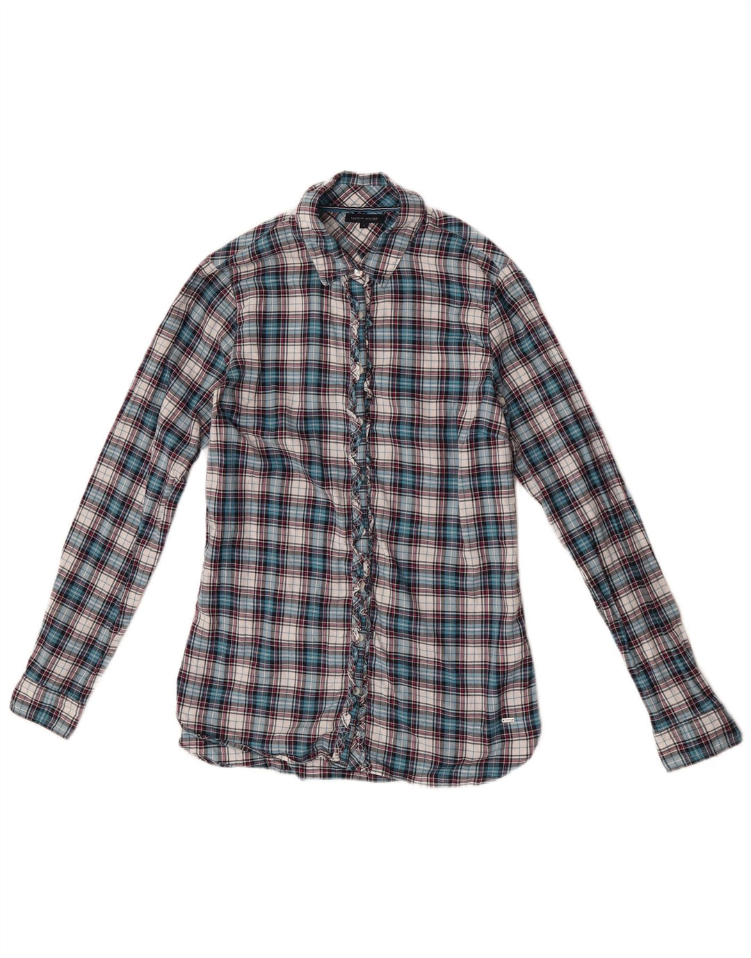 Tommy Hilfiger Damen-Hemdbluse mit Rüschen vorne, US 6, mittelblau kariert