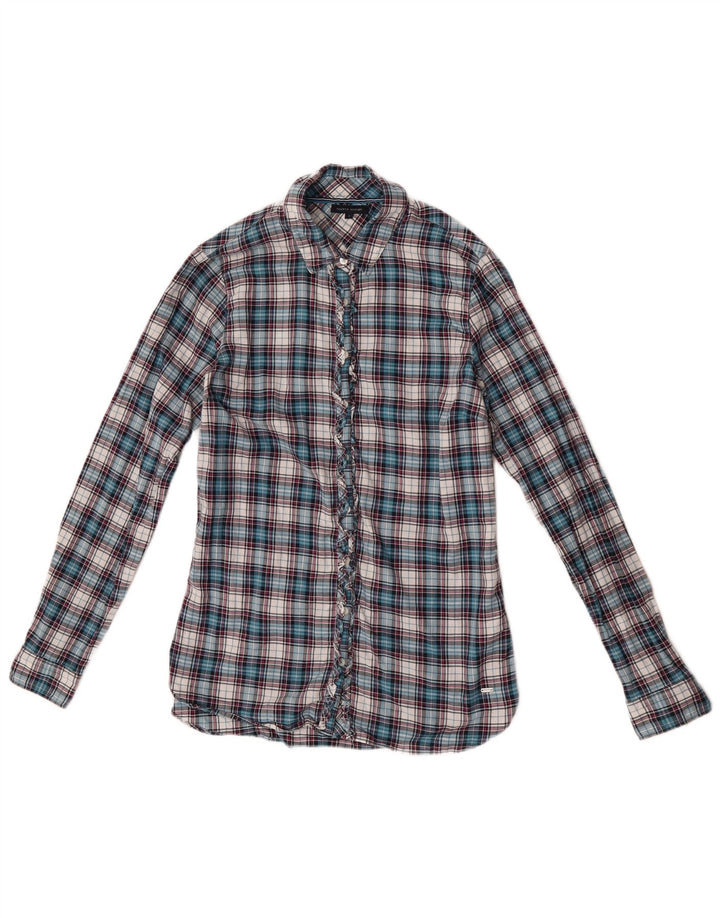 Tommy Hilfiger Damen-Hemdbluse mit Rüschen vorne, US 6, mittelblau kariert