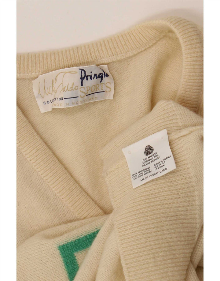 Pringle Herren-Pullover mit V-Ausschnitt, groß, beige, geometrische Schurwolle