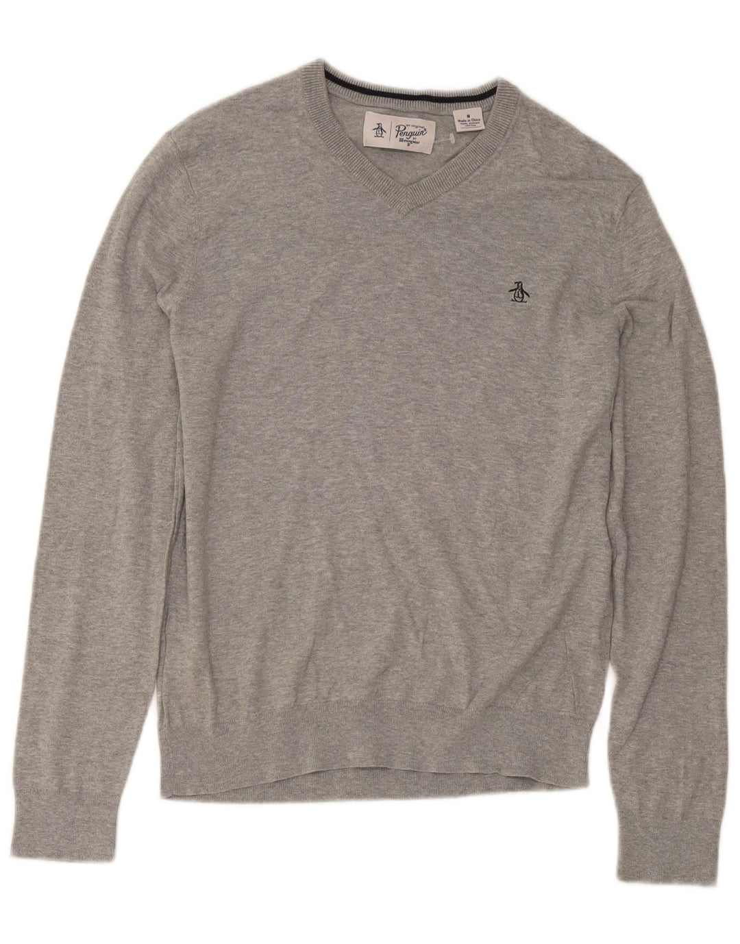 Penguin Herren-Pullover mit V-Ausschnitt aus mittelgrauer Baumwolle