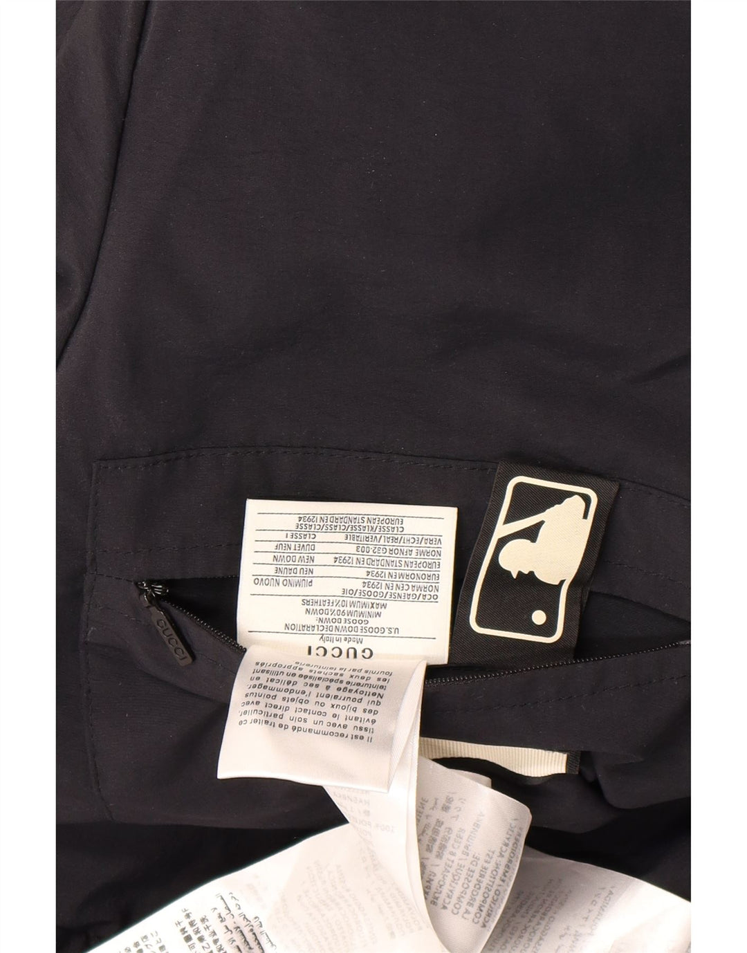 Gucci Herren-gepolsterter Mantel mit grafischer Kapuze, IT 46, großes, schwarzes Polyamid