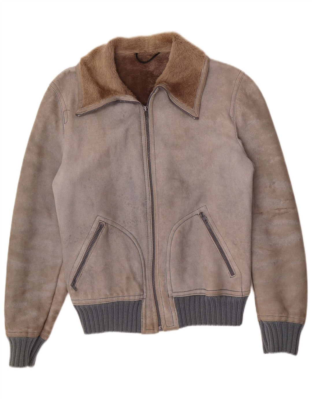 VINTAGE Herren Shearling Jacke IT 48 Mittelgraues Shearling