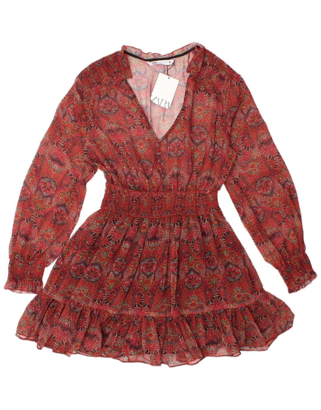 Durchsichtiges langärmliges Tunika-Oberteil für Damen von ZARA, Gr. 8, klein, rotes Blumenmuster