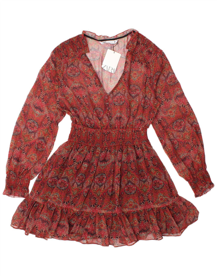 Durchsichtiges langärmliges Tunika-Oberteil für Damen von ZARA, Gr. 8, klein, rotes Blumenmuster