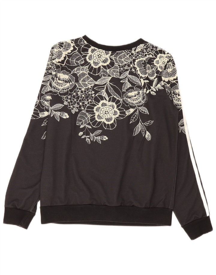Adidas Damen-Sweatshirt-Pullover UK 12 Mittelschwarzes geblümtes Polyester