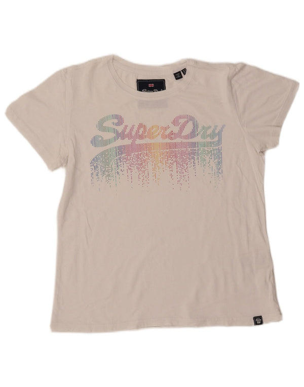 SUPERDRY Damen Grafik-T-Shirt-Oberteil UK 12 Mittelweiße Baumwolle
