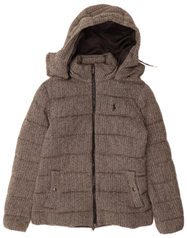 Polo Ralph Lauren Wattierte Damenjacke mit Kapuze, UK 6, XS, graue Wolle mit Fischgrätenmuster