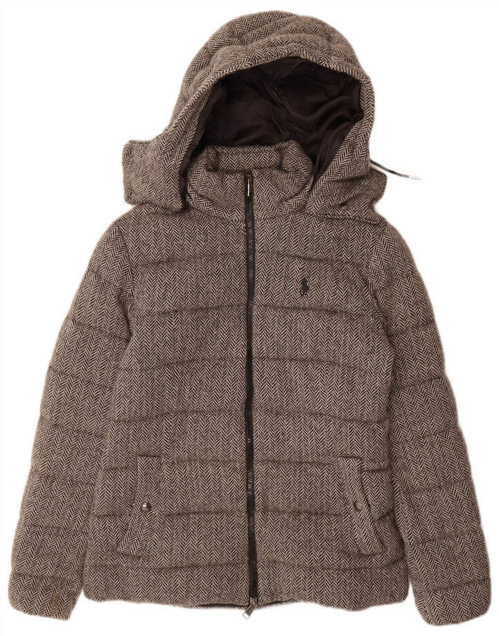 Polo Ralph Lauren Wattierte Damenjacke mit Kapuze, UK 6, XS, graue Wolle mit Fischgrätenmuster