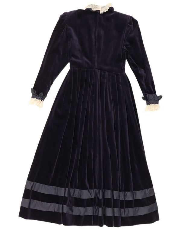 Vintage Damen Langarm-Maxikleid aus Samt, Gr. 8, klein, marineblau, geblümt