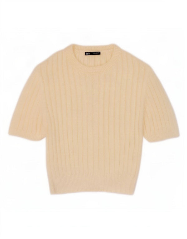 Zara Damen Crop-Pullover mit U-Boot-Ausschnitt, Gr. 14, Größe L, gebrochenes Weiß