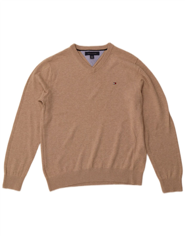 TOMMY HILFIGER Herren-Pullover mit V-Ausschnitt aus mittelbeiger Baumwolle