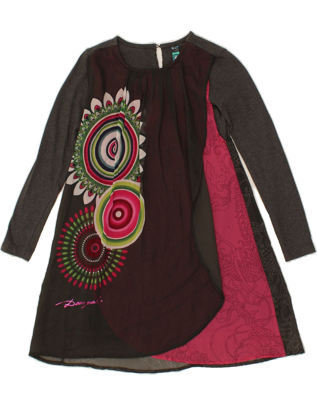 DESIGUAL Girls Long Sleeve Tent Dress 9-10 Years Grey Patchwork Vintage Desigual and Second-Hand Desigual from Messina Hembry 