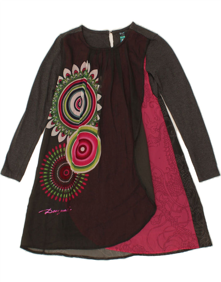 DESIGUAL Girls Long Sleeve Tent Dress 9-10 Years Grey Patchwork Vintage Desigual and Second-Hand Desigual from Messina Hembry 