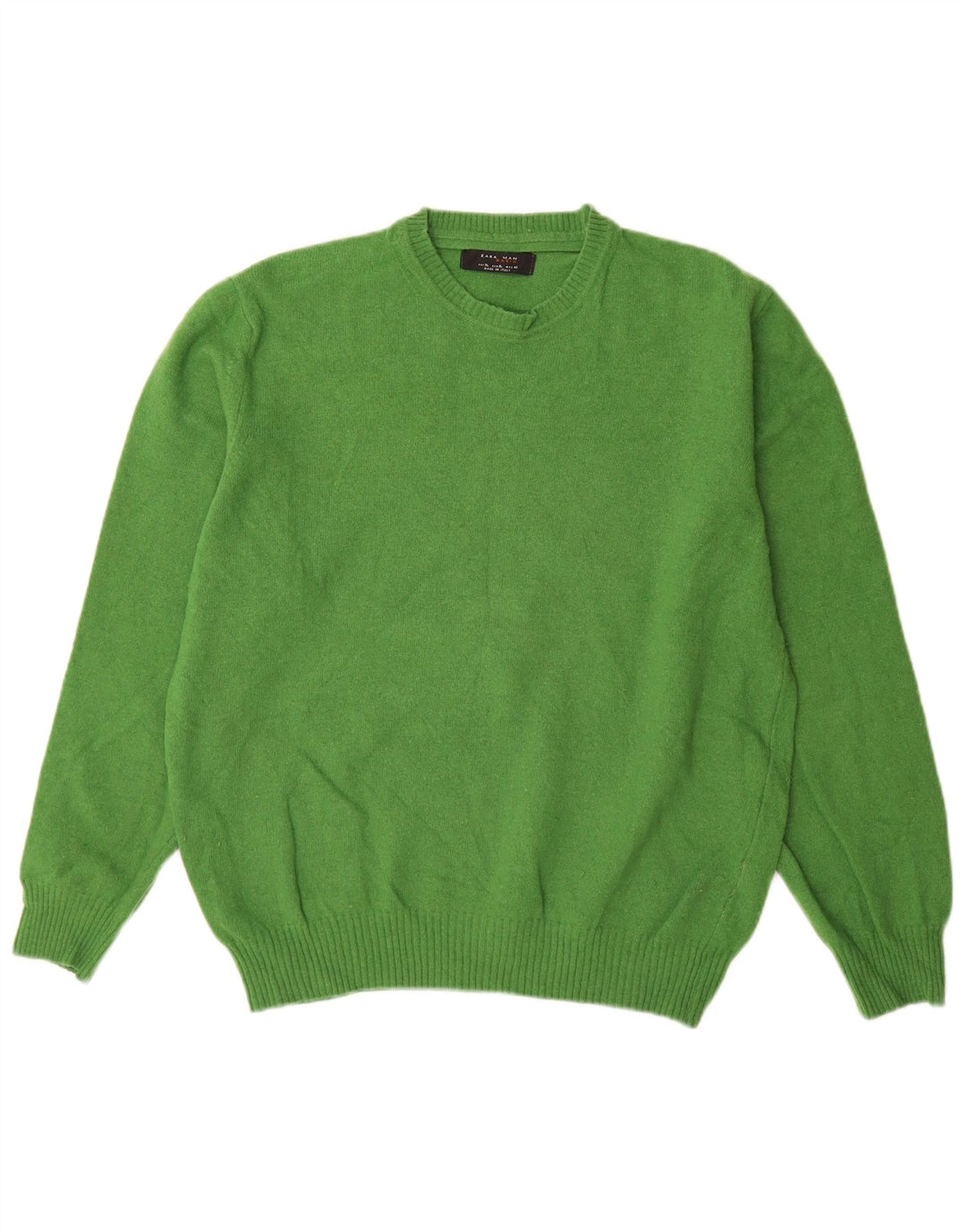 Zara Herren-Pullover mit Rundhalsausschnitt, XL, grüne Wolle