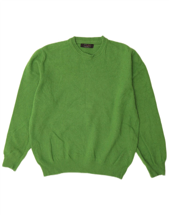 Zara Herren-Pullover mit Rundhalsausschnitt, XL, grüne Wolle