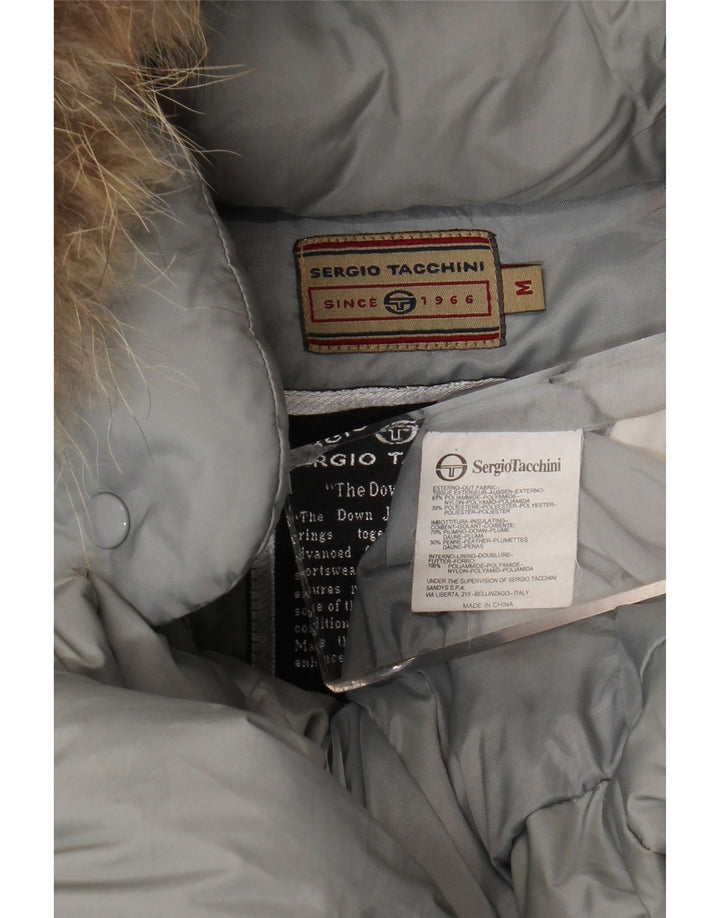 Sergio Tacchini Wattierter Damenmantel mit Kapuze, UK 14, Mittelgrau, Polyamid