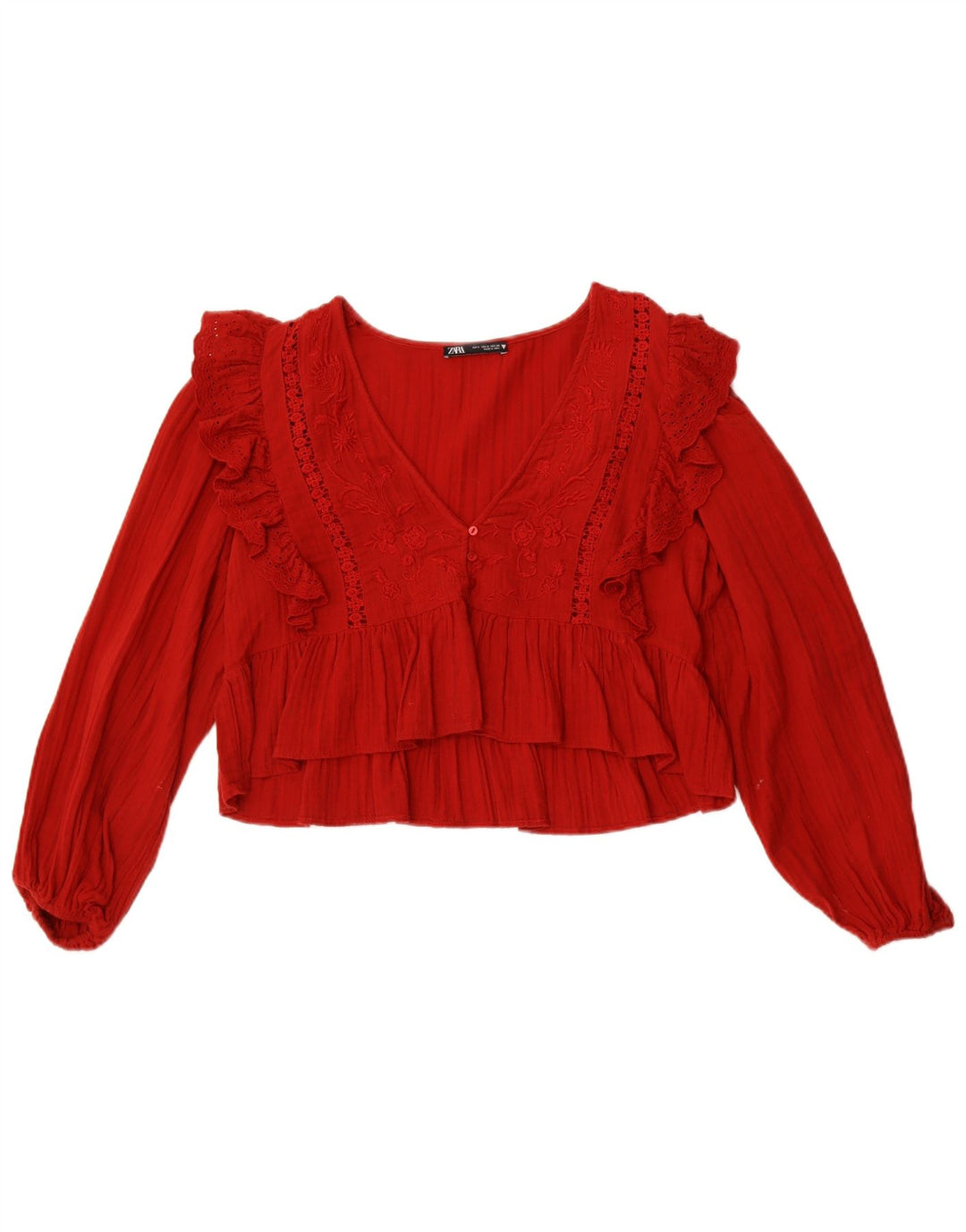 Zara Damen Crop Langarmbluse Top UK 10 Small Rot Polyester