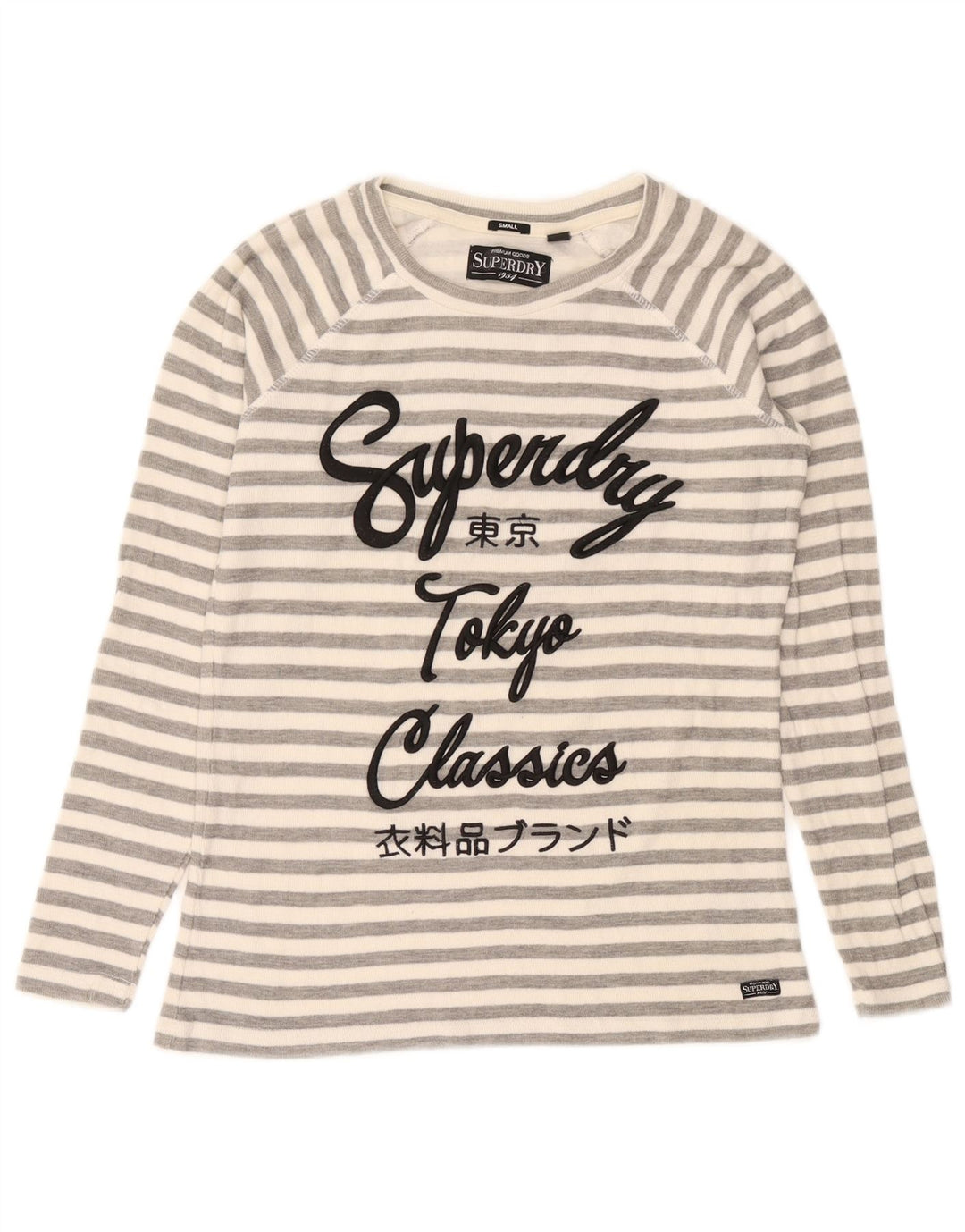 Superdry Damen Graphic Top Langarm UK 10 Small Grau gestreift Baumwolle