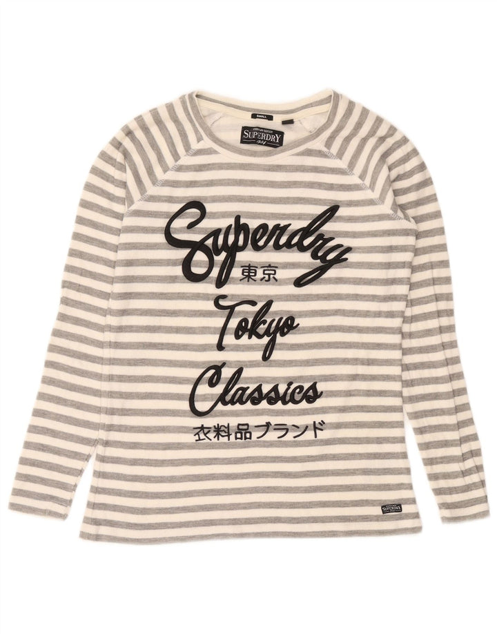 Superdry Damen Graphic Top Langarm UK 10 Small Grau gestreift Baumwolle