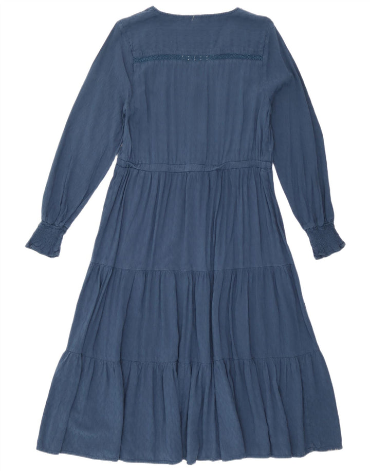 White Stuff Damen Langarm-Stufenkleid UK 12 Mittelblaue Viskose