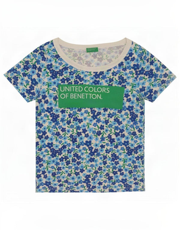Benetton Damen-T-Shirt mit Grafik, UK 12, Mittelblau mit Blumenmuster