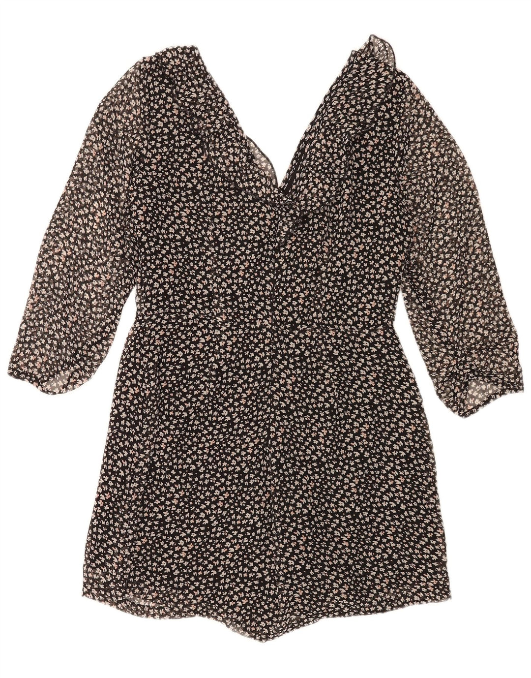 Zara Damen Playsuit mit 3/4-Ärmeln, UK 14, Größe L, Schwarz, Blumenmuster, Polyester