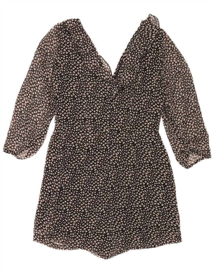 Zara Damen Playsuit mit 3/4-Ärmeln, UK 14, Größe L, Schwarz, Blumenmuster, Polyester
