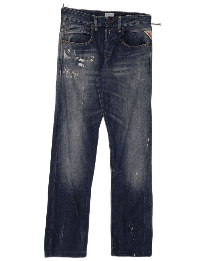 Replay Damen Graphic Straight Jeans W29 L30 Blaue Baumwolle