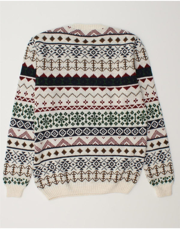 Vintage Herren Pullover mit Rundhalsausschnitt, groß, weiß, Fair-Isle-Acryl